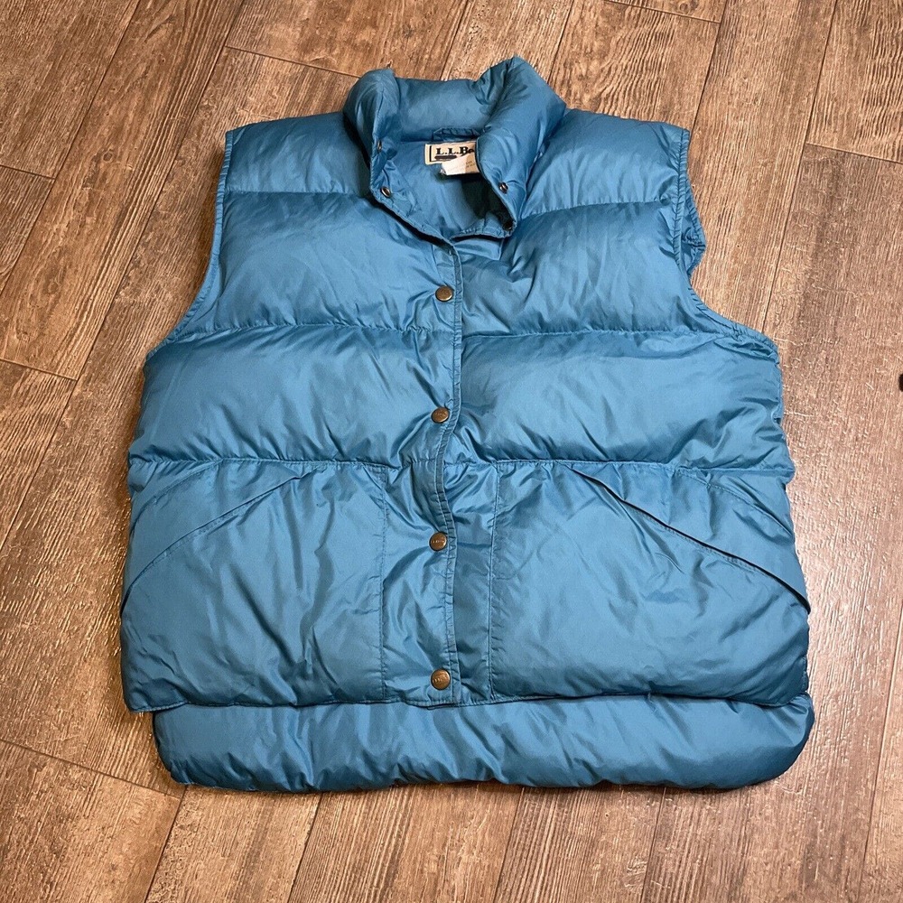 L.L. Bean 80s 90s Goose Down Puffer Vest Teal Blue Womens Medium Pockets Snap Up